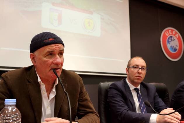 Centenary Hall, Centenary Stadium, Ta Qali, Malta 01 04 2016 Stefano Pucci director of San Marco Events S.R.L. (left) speaks during the Malta Football Association press conference PK Pressekonferenz in relation to the forthcoming football International Friendly Länderspiel match between Italy and Scotland to be played at the National Stadium in Malta on May 29th, 2016. Centenary Hall, Centenary Stadium, Ta Qali, Malta 01 04 2016 during the Malta Football Association Press Conference in relation to the forthcoming football international friendly match between Italy and Scotland to be played at the National Stadium in Malta on May 29th, 2016. Italy v Scotland International Football Friendly Match on 29 05 2016 in Malta ITA_SCO_05_2016