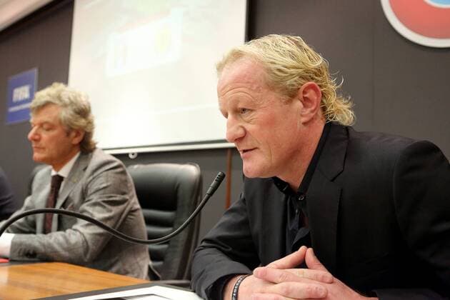 Centenary Hall, Centenary Stadium, Ta Qali, Malta 01 04 2016 Colin Hendry a former Scotland football player (right) speaks during the Malta Football Association press conference PK Pressekonferenz in relation to the forthcoming football International Friendly Länderspiel match between Italy and Scotland to be played at the National Stadium in Malta on May 29th, 2016. Italy v Scotland International Football Friendly Match on 29 05 2016 in Malta ITA_SCO_05_2016