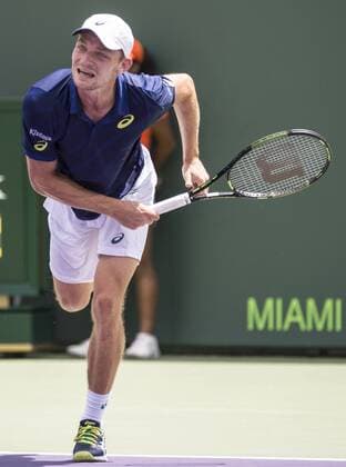 April 1 2016: David Goffin (BEL) loses first set tiebreaker to Novak Djokovic (SRB) at the Miami Open being played at Crandon Park Tennis Center in Miami, Key Biscayne, Florida. Ã‚Â© Tennis 2016: Miami Open APR 1 - ZUMAc04_