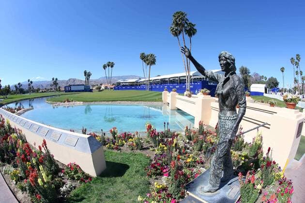 April 01, 2016: General view of the 18th hole with the Dina Shore statue and Poppy s pond during the second round of the 2016 ANA Inspiration at the Mission Hills Country Club in Rancho Mirage, California. LPGA Golf Damen 2016: ANA Inspiration APR 01 - ZUMAcb8_