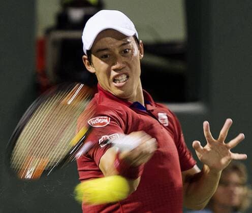 Tennis: Nishikori reaches Miami Open final Japan s Kei Nishikori defeats Nick Kyrgios of Australia 6-3, 7-5 in the semifinals of the Miami Open on April 1, 2016. Nishikori will play top-ranked Serbian Novak Djokovic in the final two days later. 