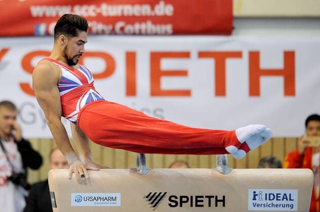 Cottbus, Turnen, 40. Turnier der Meister, Lausitzarena Cottbus, Finale, 02.04.2016: Louis Smith (GBR) am Pauschenpferd. 40. Turnier der Meister 2016