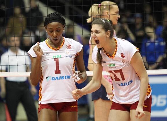 KRASNODAR, RUSSIA. APRIL 2, 2016. Galatasaray s Cursty Jackson (L) and Nursevil AYDINLAR seen in the rematch of the 2015 16 Season CEV Women s Volleyball Cup Finals against Dinamo Krasnodar at Olimp Sports Palace. Dinamo Krasnodar won the game 3:0. Vitaly Timkiv TASS  TS01E4A5