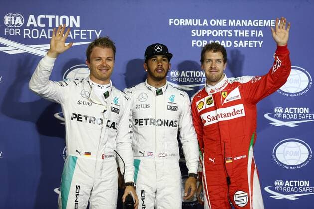 Bahrain Grand Prix, Sakhir 31 March - 03 April 2016 02.04.2016 - Qualifying, Lewis Hamilton (GBR) Mercedes AMG F1 W07 Hybrid pole position, 2nd position Nico Rosberg (GER) Mercedes AMG F1 W07 Hybrid and 3rd position Sebastian Vettel (GER) Scuderia Ferrari SF16-H 