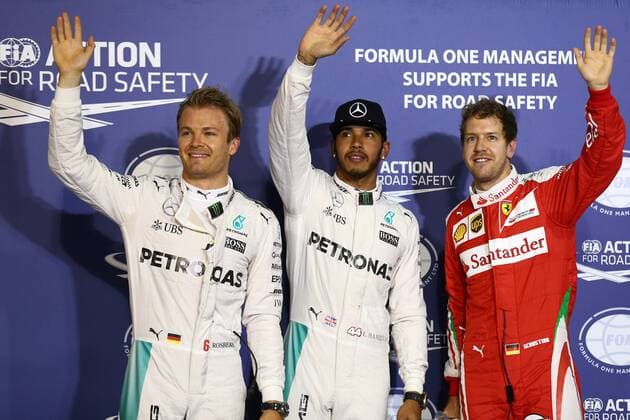 Bahrain Grand Prix, Sakhir 31 March - 03 April 2016 02.04.2016 - Qualifying, Lewis Hamilton (GBR) Mercedes AMG F1 W07 Hybrid pole position, 2nd position Nico Rosberg (GER) Mercedes AMG F1 W07 Hybrid and 3rd position Sebastian Vettel (GER) Scuderia Ferrari SF16-H 