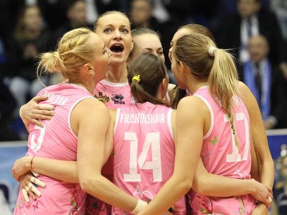KRASNODAR, RUSSIA. APRIL 2, 2016. Dinamo s players celebrate their victory in the rematch of the 2015 16 Season CEV Women s Volleyball Cup Finals against Galatasaray Istanbul at Olimp Sports Palace. Dinamo Krasnodar won the game 3:0. Vitaly Timkiv TASS  TS01E4B8