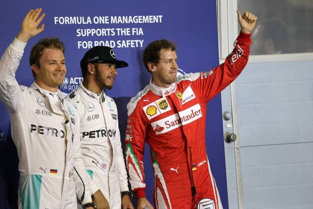 Bahrain Grand Prix, Sakhir 31 March - 03 April 2016 02.04.2016 - Qualifying, Lewis Hamilton (GBR) Mercedes AMG F1 W07 Hybrid pole position, 2nd position Nico Rosberg (GER) Mercedes AMG F1 W07 Hybrid and 3rd position Sebastian Vettel (GER) Scuderia Ferrari SF16-H 
