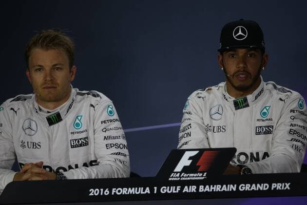 Bahrain Grand Prix, Sakhir 31 March - 03 April 2016 02.04.2016 - Qualifying, press conference PK Pressekonferenz Nico Rosberg (GER) Mercedes AMG F1 W07 Hybrid, Lewis Hamilton (GBR) Mercedes AMG F1 W07 Hybrid 