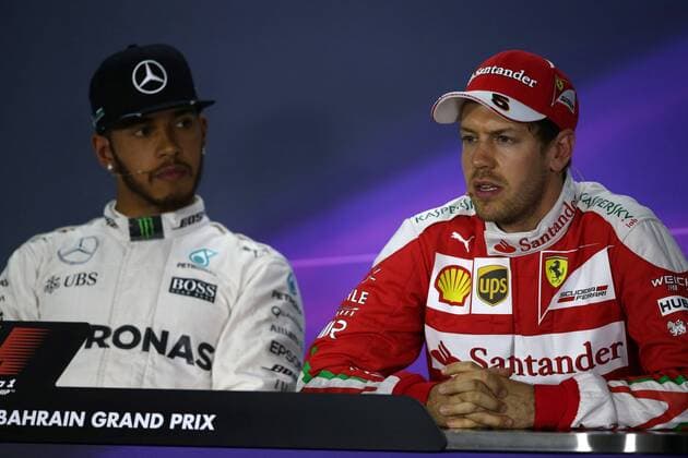 Bahrain Grand Prix, Sakhir 31 March - 03 April 2016 02.04.2016 - Qualifying, press conference PK Pressekonferenz Lewis Hamilton (GBR) Mercedes AMG F1 W07 Hybrid and Sebastian Vettel (GER) Scuderia Ferrari SF16-H 