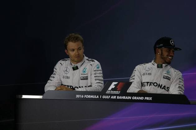 Bahrain Grand Prix, Sakhir 31 March - 03 April 2016 02.04.2016 - Qualifying, press conference PK Pressekonferenz Nico Rosberg (GER) Mercedes AMG F1 W07 Hybrid, Lewis Hamilton (GBR) Mercedes AMG F1 W07 Hybrid 