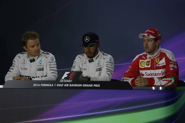Bahrain Grand Prix, Sakhir 31 March - 03 April 2016 02.04.2016 - Qualifying, press conference PK Pressekonferenz Nico Rosberg (GER) Mercedes AMG F1 W07 Hybrid, Lewis Hamilton (GBR) Mercedes AMG F1 W07 Hybrid and Sebastian Vettel (GER) Scuderia Ferrari SF16-H 
