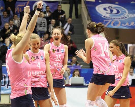 KRASNODAR, RUSSIA. APRIL 2, 2016. Dinamo s players celebrate their victory in the rematch of the 2015 16 Season CEV Women s Volleyball Cup Finals against Galatasaray Istanbul at Olimp Sports Palace. Dinamo Krasnodar won the game 3:0. Vitaly Timkiv TASS  TS01E4E3