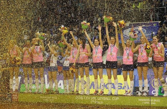 KRASNODAR, RUSSIA. APRIL 2, 2016. Dinamo s players celebrates winning the 2015 16 Season CEV Women s Volleyball Cup at Olimp Sports Palace. Dinamo Krasnodar won the game 3:0. Vitaly Timkiv TASS  TS01E4FC