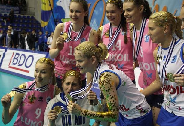 KRASNODAR, RUSSIA. APRIL 2, 2016. Dinamo s players pose with their medals as they celebrate winning the 2015 16 Season CEV Women s Volleyball Cup at Olimp Sports Palace. Dinamo Krasnodar won the game 3:0. Vitaly Timkiv TASS  TS01E4FE