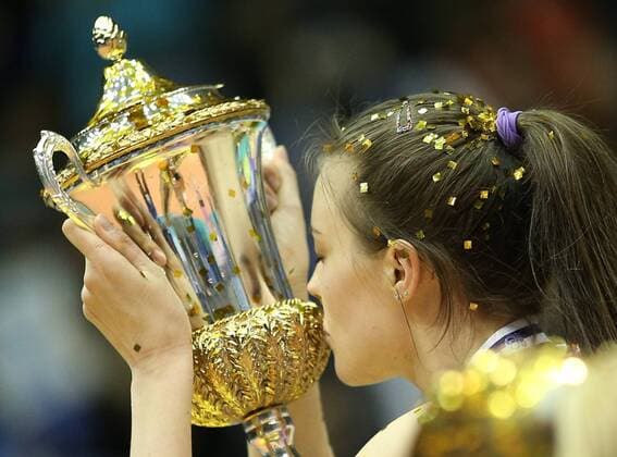 KRASNODAR, RUSSIA. APRIL 2, 2016. Dinamo s Alexandra Pasynkova with a trophy after winning the rematch of the 2015 16 Season CEV Women s Volleyball Cup Finals against Galatasaray Istanbul at Olimp Sports Palace. Dinamo Krasnodar won the game 3:0. Vitaly Timkiv TASS  TS01E51B