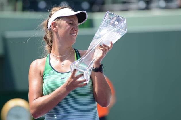 April 2, 2016 - Miami, Florida, United States - VICTORIA AZARENKA poses for photos with her trophy after winning the Miami Open. Tennis 2016 - Miami Open - Day 13 - ZUMAl132
