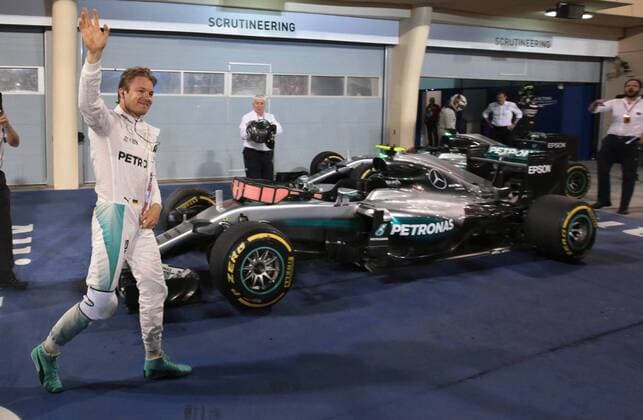 FORMULA 1 - Bahrain GP SAKHIR,BAHRAIN,03.APR.16 - MOTORSPORTS, FORMULA 1 - FIA World Championship WM Weltmeisterschaft Grand Prix of Bahrain, Bahrain International Circuit. Image shows the rejoicing of Nico Rosberg (GER Mercedes GP). GEPAxpictures xFritzxMueller