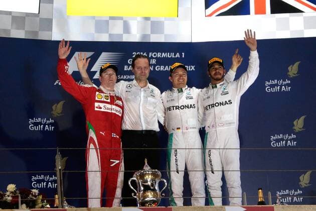 FORMULA 1 - Bahrain GP SAKHIR,BAHRAIN,03.APR.16 - MOTORSPORTS, FORMULA 1 - FIA World Championship WM Weltmeisterschaft Grand Prix of Bahrain, Bahrain International Circuit, award ceremony. Image shows Kimi Raikkoenen (FIN Ferrari), executive director Toto Wolff (Mercedes GP), Nico Rosberg (GER Mercedes GP) and Lewis Hamilton (GBR Mercedes GP). GEPAxpictures xFritzxMueller