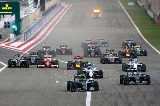 FORMULA 1 - Bahrain GP SAKHIR,BAHRAIN,03.APR.16 - MOTORSPORTS, FORMULA 1 - FIA World Championship WM Weltmeisterschaft Grand Prix of Bahrain, Bahrain International Circuit, award ceremony. Image shows Nico Rosberg (GER Mercedes GP) and Lewis Hamilton (GBR Mercedes GP) at the start . GEPAxpictures xFritzxMueller