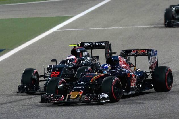 FORMULA 1 - Bahrain GP SAKHIR,BAHRAIN,03.APR.16 - MOTORSPORTS, FORMULA 1 - FIA World Championship WM Weltmeisterschaft Grand Prix of Bahrain, Bahrain International Circuit, award ceremony. Image shows Max Verstappen (NED Scuderia Toro Rosso) and Jenson Button (GBR McLaren Honda). GEPAxpictures xFritzxMueller