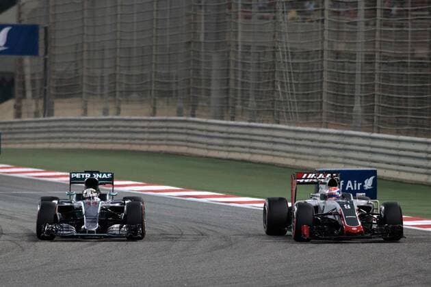 FORMULA 1 - Bahrain GP SAKHIR,BAHRAIN,03.APR.16 - MOTORSPORTS, FORMULA 1 - FIA World Championship WM Weltmeisterschaft Grand Prix of Bahrain, Bahrain International Circuit, award ceremony. Image shows Lewis Hamilton (GBR Mercedes GP) and Romain Grosjean (FRA Haas). GEPAxpictures xFritzxMueller