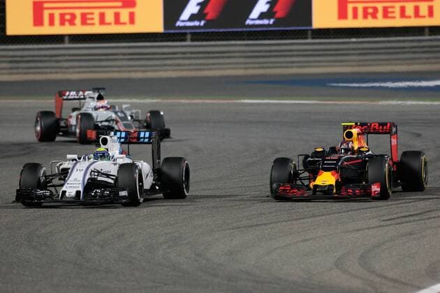 FORMULA 1 - Bahrain GP SAKHIR,BAHRAIN,03.APR.16 - MOTORSPORTS, FORMULA 1 - FIA World Championship WM Weltmeisterschaft Grand Prix of Bahrain, Bahrain International Circuit, award ceremony. Image shows Felipe Massa (BRA Williams), Daniil Kvyat (RUS Red Bull Racing) and Romain Grosjean (FRA Haas). GEPAxpictures xFritzxMueller