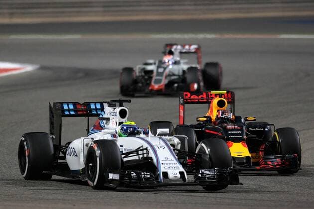 FORMULA 1 - Bahrain GP SAKHIR,BAHRAIN,03.APR.16 - MOTORSPORTS, FORMULA 1 - FIA World Championship WM Weltmeisterschaft Grand Prix of Bahrain, Bahrain International Circuit, award ceremony. Image shows Felipe Massa (BRA Williams), Daniil Kvyat (RUS Red Bull Racing) and Romain Grosjean (FRA Haas). GEPAxpictures xFritzxMueller