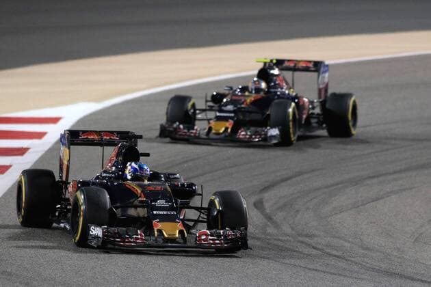 FORMULA 1 - Bahrain GP SAKHIR,BAHRAIN,03.APR.16 - MOTORSPORTS, FORMULA 1 - FIA World Championship WM Weltmeisterschaft Grand Prix of Bahrain, Bahrain International Circuit, award ceremony. Image shows Max Verstappen (NED Scuderia Toro Rosso) and Carlos Sainz Jr. (ESP Scuderia Toro Rosso). GEPAxpictures xFritzxMueller