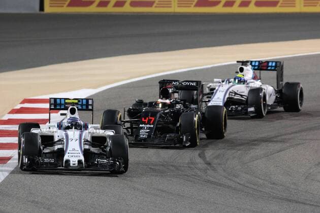 FORMULA 1 - Bahrain GP SAKHIR,BAHRAIN,03.APR.16 - MOTORSPORTS, FORMULA 1 - FIA World Championship WM Weltmeisterschaft Grand Prix of Bahrain, Bahrain International Circuit, award ceremony. Image shows Valtteri Bottas (FIN Williams), test driver Stoffel Vandoorne (BEL McLaren Honda) and Felipe Massa (BRA Williams). GEPAxpictures xFritzxMueller