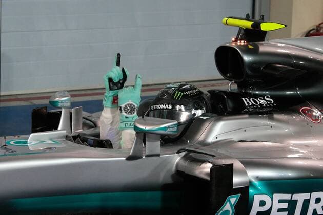 FORMULA 1 - Bahrain GP SAKHIR,BAHRAIN,03.APR.16 - MOTORSPORTS, FORMULA 1 - FIA World Championship WM Weltmeisterschaft Grand Prix of Bahrain, Bahrain International Circuit, award ceremony. Image shows the rejoicing of Nico Rosberg (GER Mercedes GP). GEPAxpictures xFritzxMueller