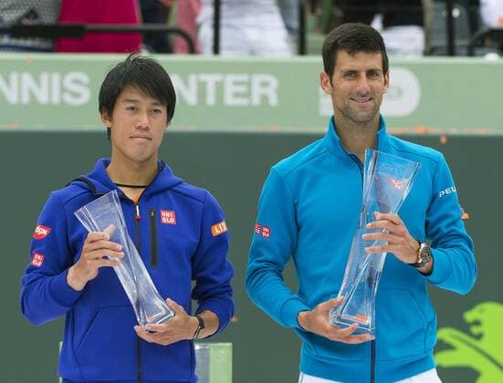 Djokovic defeats Nishikori at Miami Open final Novak Djokovic of Serbia (R) and Kei Nishikori of Japan hold the winner s and runner-up s trophies at the Miami Open in the Florida city on April 3, 2016. Djokovic defeated Nishikori 6-3, 6-3 to claim his third consecutive tournament title. 