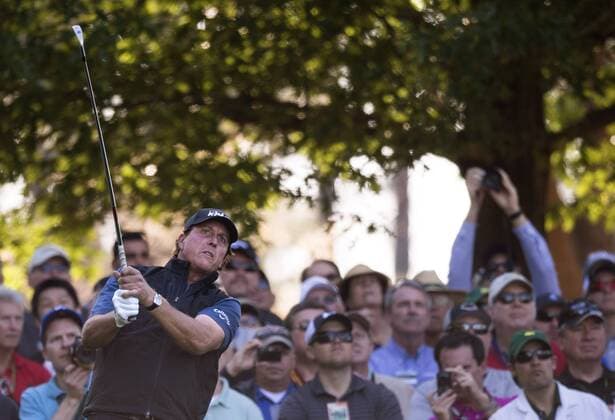 Phil Mickelson hits off of the 4th tee during a practice round before the 2016 Masters Tournament at Augusta National in Augusta, Georgia on April 5, 2016.  AUG20160405311 KEVINxDIETSCH