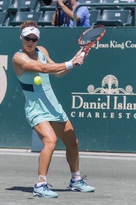 April 5, 2016 - Charleston, SC, U.S. - Charleston, SC - Apr 05, 2016: Samantha Stosur (AUS) 10 returns a volley to Q Aleksandra Krunic (SRB) during their Volvo Car Open match at the Family Circle Tennis Center in Charleston, SC. Tennis 2016: WTA Tennis Damen Volvo Car Open Apr 05 - ZUMAa55_