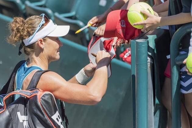 April 5, 2016 - Charleston, SC, U.S. - Charleston, SC - Apr 05, 2016: Samantha Stosur (AUS) 10 is all smiles after winning her match against Q Aleksandra Krunic (SRB) during the Volvo Car Open at the Family Circle Tennis Center in Charleston, SC. Tennis 2016: WTA Tennis Damen Volvo Car Open Apr 05 - ZUMAa55_