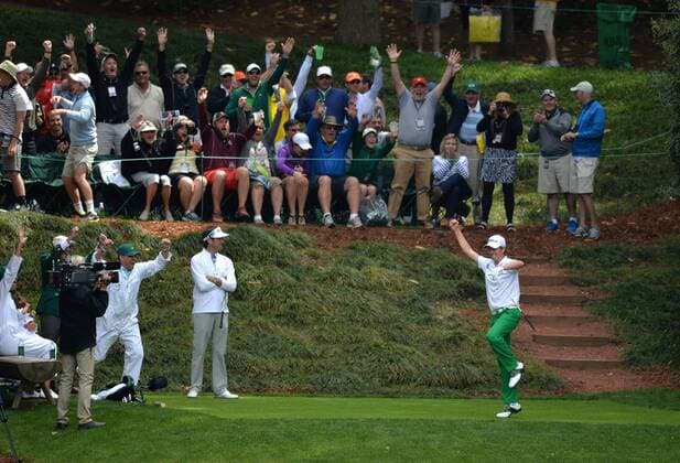 Webb Simpson reacts after hitting a hole-in-one on the ninth hole during the Par Three Contest at the 2016 Masters Tournament at Augusta National in Augusta, Georgia on April 6, 2016.  AUG20160406306 KEVINxDIETSCH