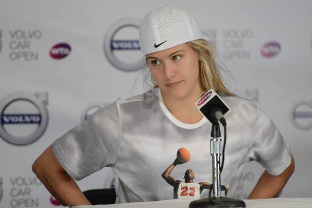 April 6, 2016 - Charleston, South Carolina, United States - EUGENIE BOUCHARD of Canada speaks to the media after withdrawing from the Volvo Car Open due to an injury Tennis 2016 - Volvo Car Open - Day 3 - ZUMAl132
