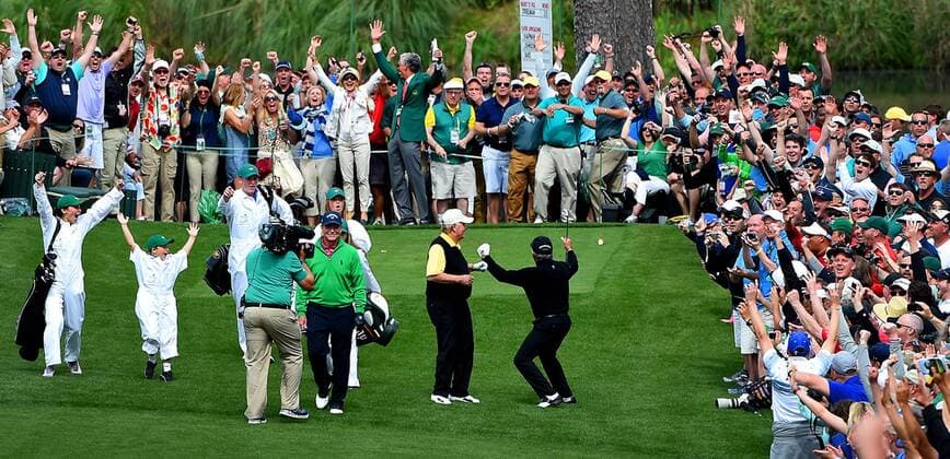 April 6, 2016 - Augusta, GA, USA - Gary Player, right, and the gallery react to his hole-in-one from the seventh tee box during the Par 3 contest on Wednesday, April 6, 2016, at Augusta National Golf Club in Augusta, Ga. Masters practice - ZUMAm67_