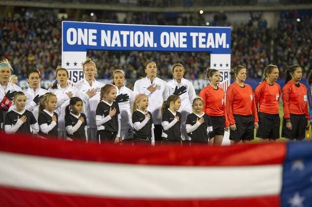 April 6, 2016 - East Hartford, Connecticut, U.S - Members of the United States of America Women s national team Nationalteam staring during the National Anthem at Pratt & Whitney Stadium in East Hartford, CT Soccer 2016 - International Friendly Länderspiel U.S. Women s National Team vs. Colombia 7-0. - ZUMAs192