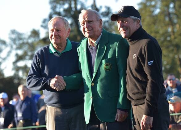 Honorary starters Jack Nicklaus, ArÂ­nold PalÂ­mer and Gary Player stand on the first tee box at the 2016 Masters Tournament at Augusta National in Augusta, Georgia on April 7, 2016.  AUG20160407107 KEVINxDIETSCH