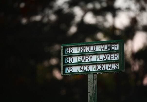 Honorary starters Jack Nicklaus, Ar­nold Pal­mer and Gary Player have there names on a sign at the first tee box at the 2016 Masters Tournament at Augusta National in Augusta, Georgia on April 7, 2016.  AUG20160407106 KEVINxDIETSCH
