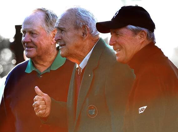 April 7, 2016 - Augusta, GA, USA - Honorary Starters Jack Nicklaus, left, Arnold Palmer, center and Gary Player, right, pose for photographs at Augusta National Golf Club on April 7, 2016 Augusta, Ga. Masters - ZUMAm67_