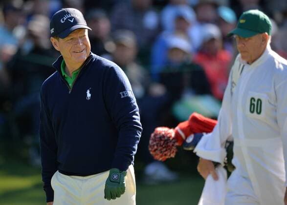 Tom Watson smiles as he walks off of the 3rd green after making a putt for birdie in the first round of the 2016 Masters Tournament at Augusta National in Augusta, Georgia on April 7, 2016.  MAS20160407119 KEVINxDIETSCH