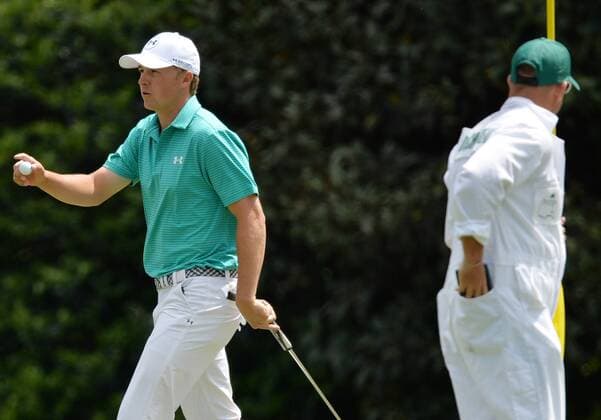 Jordan Spieth reacts as he walks off of the 12th green in the first round of the 2016 Masters Tournament at Augusta National in Augusta, Georgia on April 7, 2016.  MAS20160407144 KEVINxDIETSCH