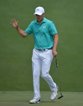 Jordan Spieth reacts after making a putt for birdie on the 10th hole in the first round of the 2016 Masters Tournament at Augusta National in Augusta, Georgia on April 7, 2016.  MAS20160407147 KEVINxDIETSCH