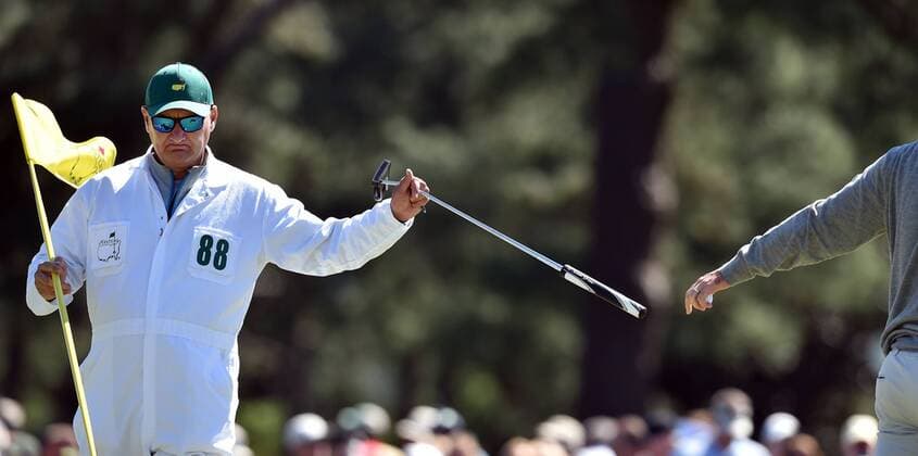 April 7, 2016 - Augusta, GA, USA - Caddie Mark Filcher gives a putter to golfer Justin Rose during the first round of the Masters Golf Tournament on Thursday, April 7, 2016, at Augusta National Golf Club in Augusta, Ga. Master s - ZUMAm67_
