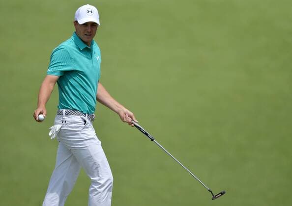Jordan Spieth reacts after making a putt for birdie on the 10th hole in the first round of the 2016 Masters Tournament at Augusta National in Augusta, Georgia on April 7, 2016.  MAS20160407152 KEVINxDIETSCH