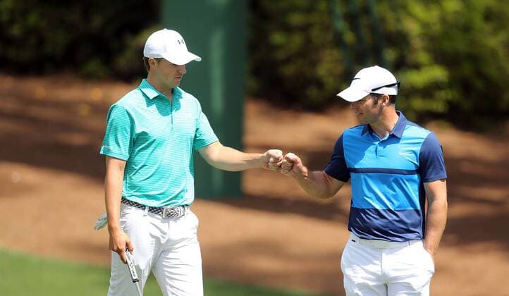 April 7, 2016 - Augusta, GA, USA - Jordan Spieth, left, and Paul Casey fist bump after they both birdie the tenth hole during the first round of the Masters Golf Tournament on Thursday, April 7, 2016, at Augusta National Golf Club in Augusta, Ga. Master s - ZUMAm67_