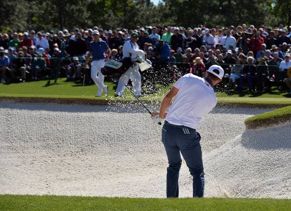 April 7, 2016 - Augusta, GA, USA - Dustin Johnson plays a shot from a bunker on the second hole during the first round of the Masters Golf Tournament on Thursday, April 7, 2016, at Augusta National Golf Club in Augusta, Ga. Master s - ZUMAm67_