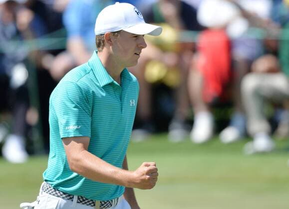 Jordan Spieth reacts after making a putt for birdie on the 18th hole in the first round of the 2016 Masters Tournament at Augusta National in Augusta, Georgia on April 7, 2016.  MAS20160407169 KEVINxDIETSCH