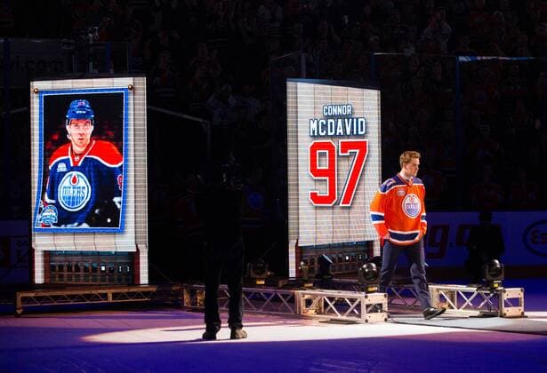 06 April 2016: Former Edmonton Oiler Connor McDavid 97 enters the final ceremony celebrations closing out the final game at Rexall Place. The Farewell Rexall ceremony took place after the Vancouver Canucks game versus the Edmonton Oilers at the last ever NHL Eishockey Herren USA hockey game at Rexall Place in Edmonton, Alberta. (Photo by Curtis Comeau Icon Sportswire) NHL: APR 06 Canucks at Oilers Icon16040643 EDITORIAL USE ONLY